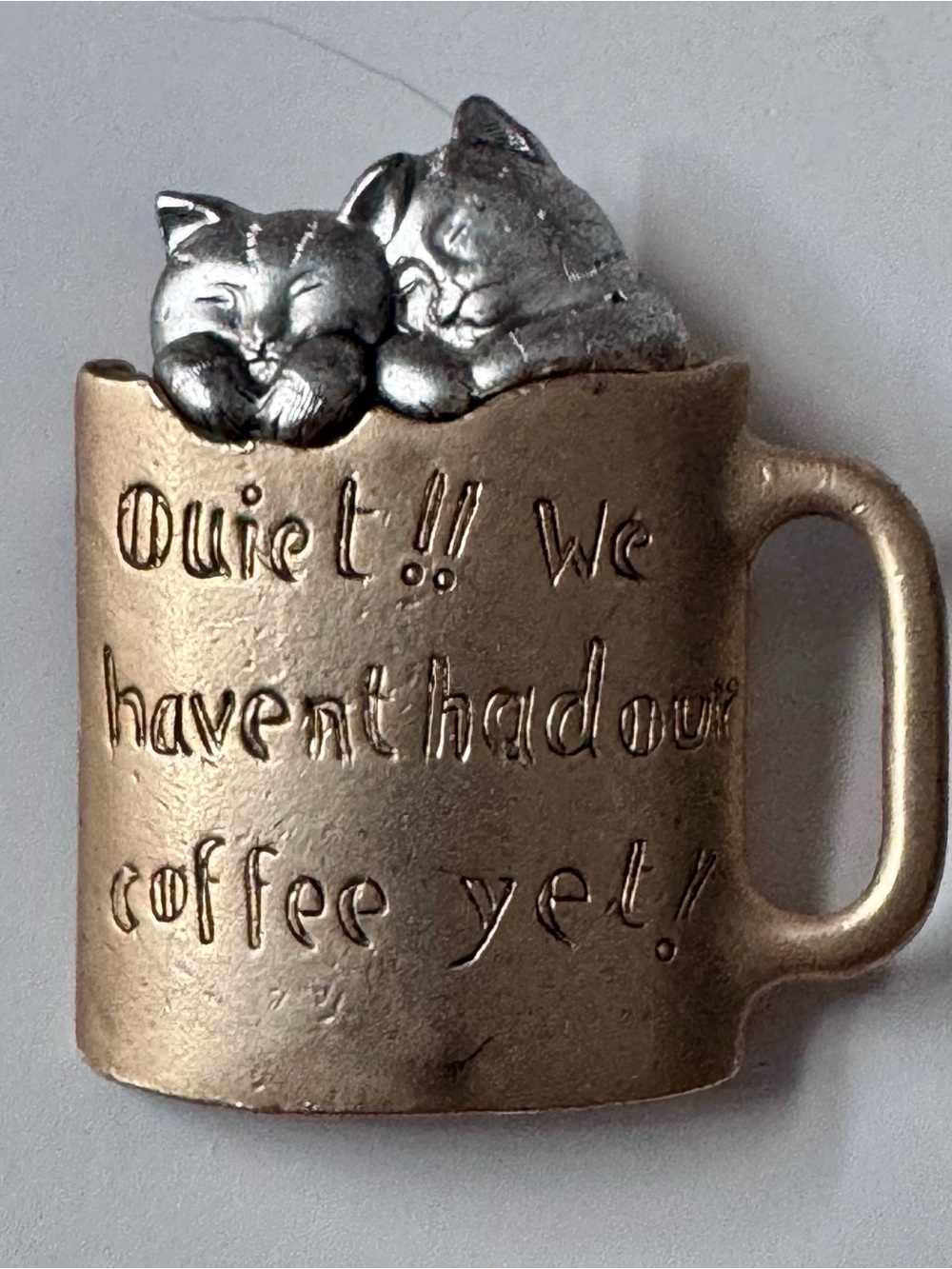 Metal Cat Mug Brooch - Gold and Silver